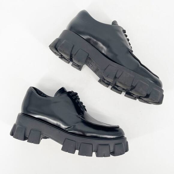 Prada Black Brushed Leather Lace Up Chunky Monolith Derby Oxford Loafer IT 39 - Picture 4 of 16